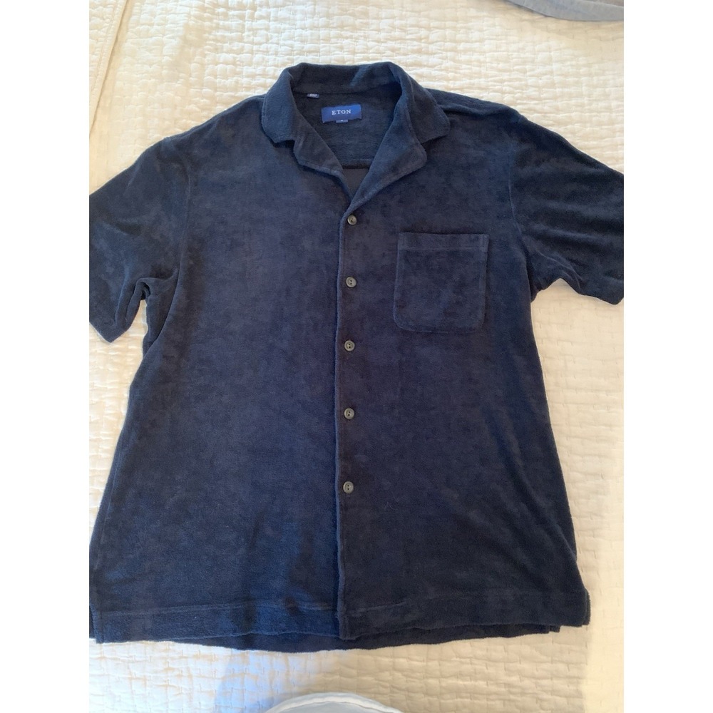 Eton Shirt Mens Medium Navy Blue Terry Cloth Cotton Short Sleeve Button Down